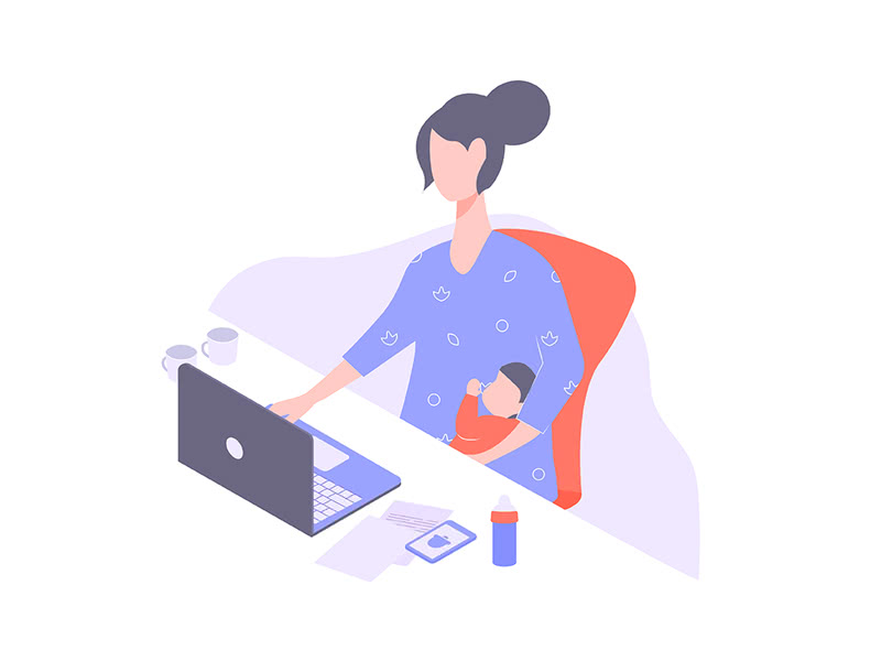 a cartoon woman works on a laptop while holding her baby